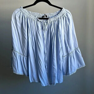 Light Blue Off the Shoulder Shirt with Bell Sleeves | Bell Sleeves | SHEIN